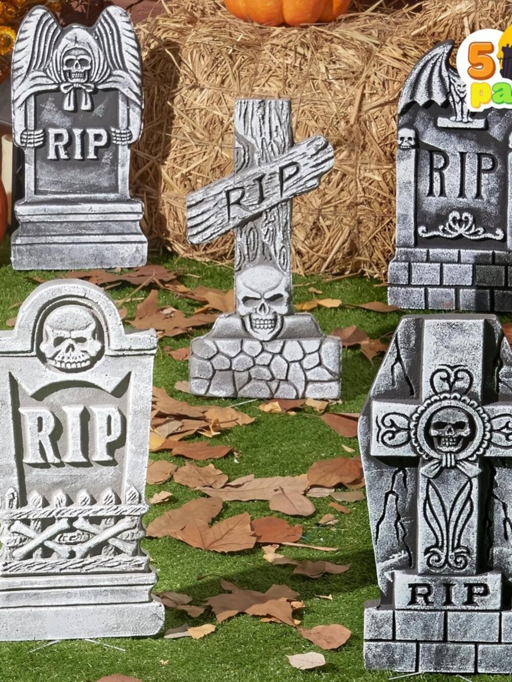 17” Halloween Foam RIP Graveyard Tombstones 5 Pack, Halloween Tombstones Decorat